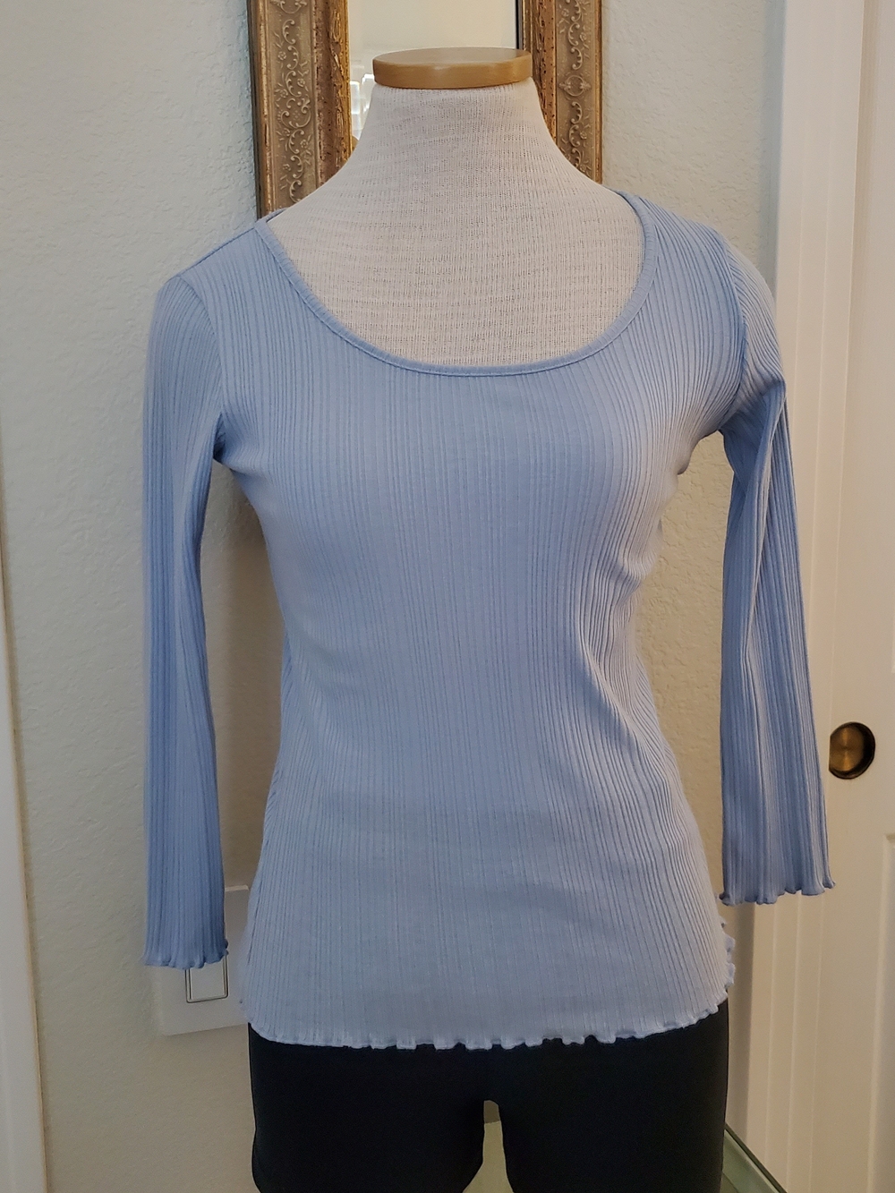 Vince Pale Blue Ribbed Long Sleeve Scoop Neck Tee